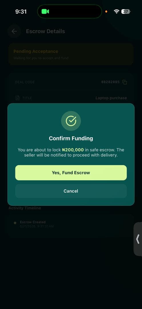 Confirm funding modal — Yes, Fund Escrow