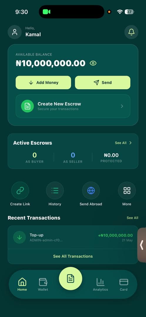 Safro home screen showing balance and Send Abroad shortcut