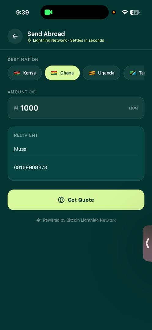 Send Abroad — Lightning Network cross-border transfer